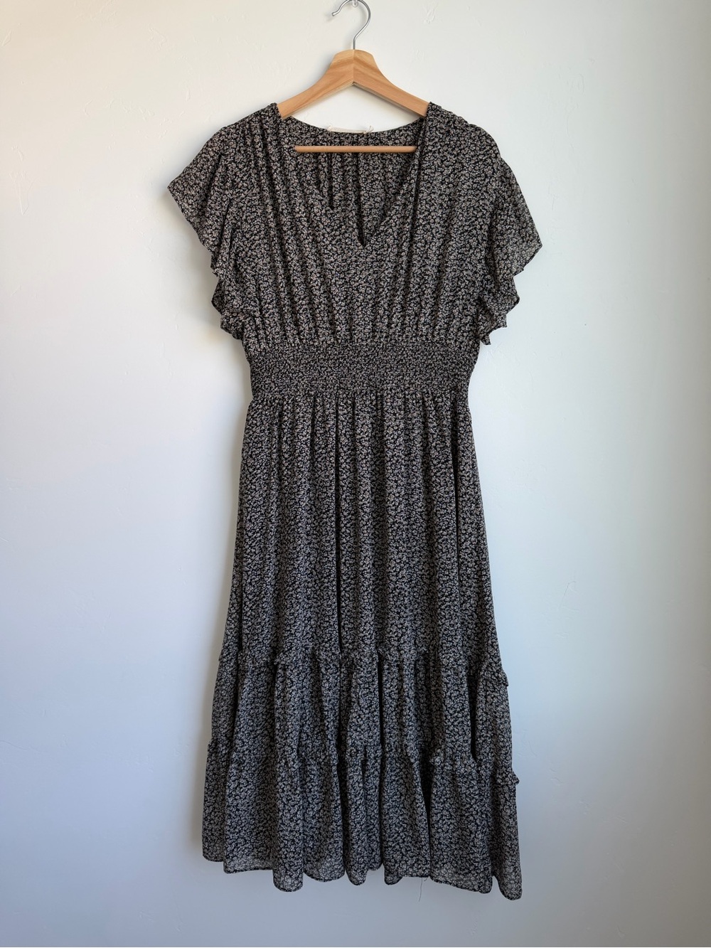 Ellison Black Floral Midi Dress with Smocked Waist
